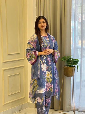 Floral Printed Lawn Suit with Printed Dupatta-Chiffon/Cotton