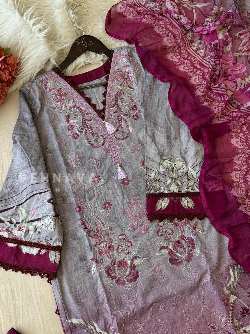 Floral Embroidered Cotton Suit Purple -4106