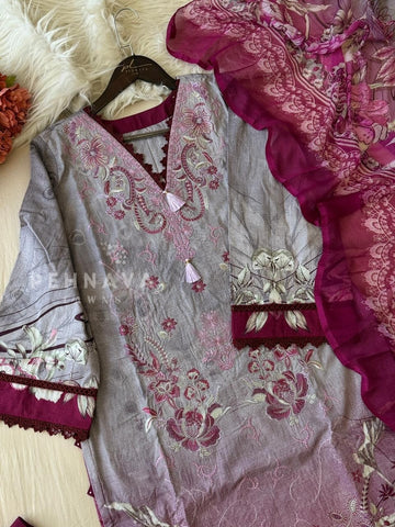 Floral Embroidered Cotton Suit Purple -4106