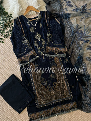 Embroidered casual suit with Chiffon Dupatta-Navblue1128
