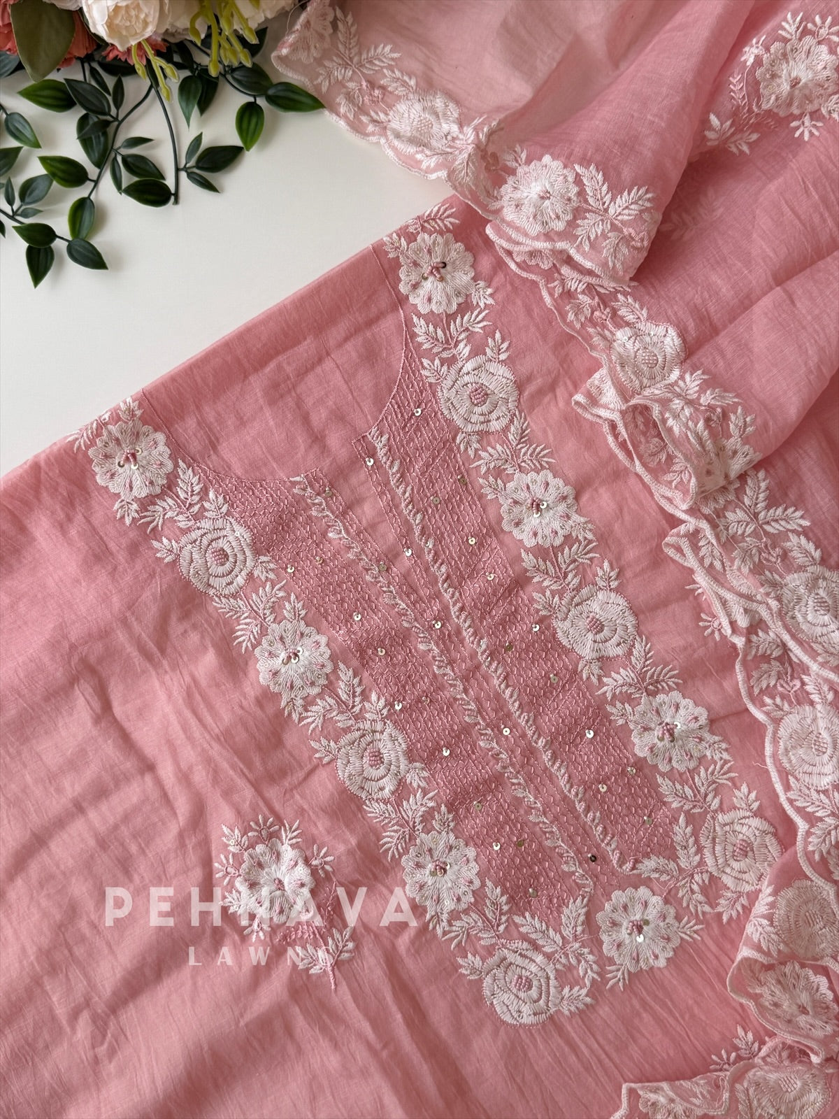 White‑thread Embroidery Unstitched Chanderi Suit-2630