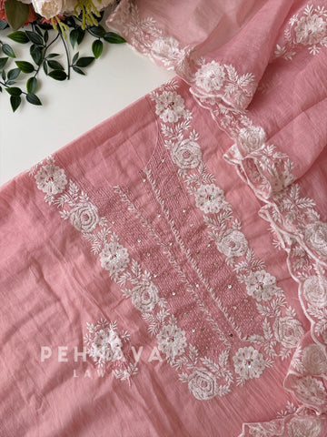White‑thread Embroidery Unstitched Chanderi Suit-2630
