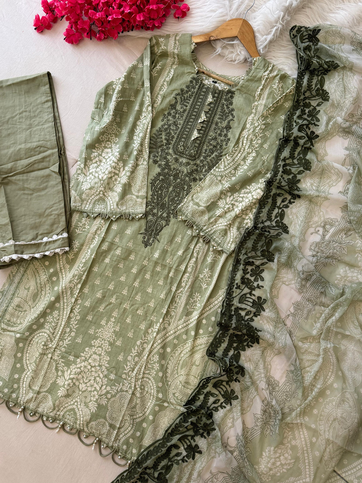 Green Block Printed Pakistani Suit