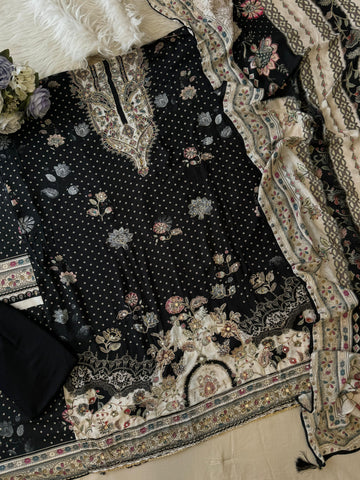 Premium Black and White Muslin Suit-285
