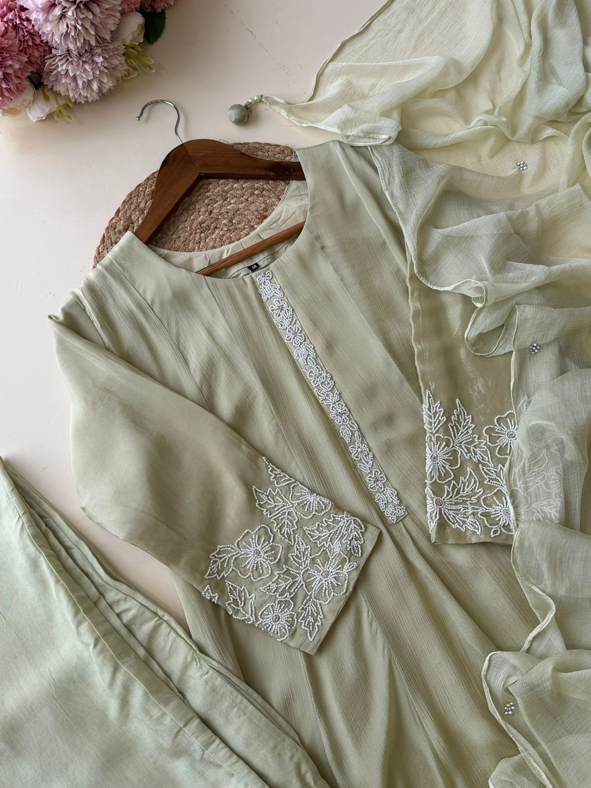 Chinnon handworked Anarkali suit with Beads Detailings