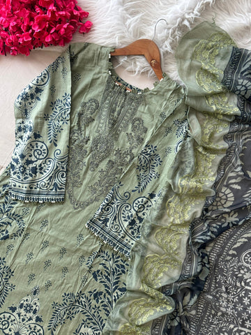Green Block Printed Pakistani Suit