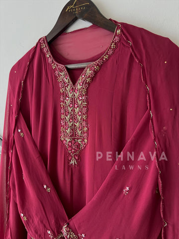 Full-flaired front slitted Gown with hand and Neck detailings - Pehnava Lawns