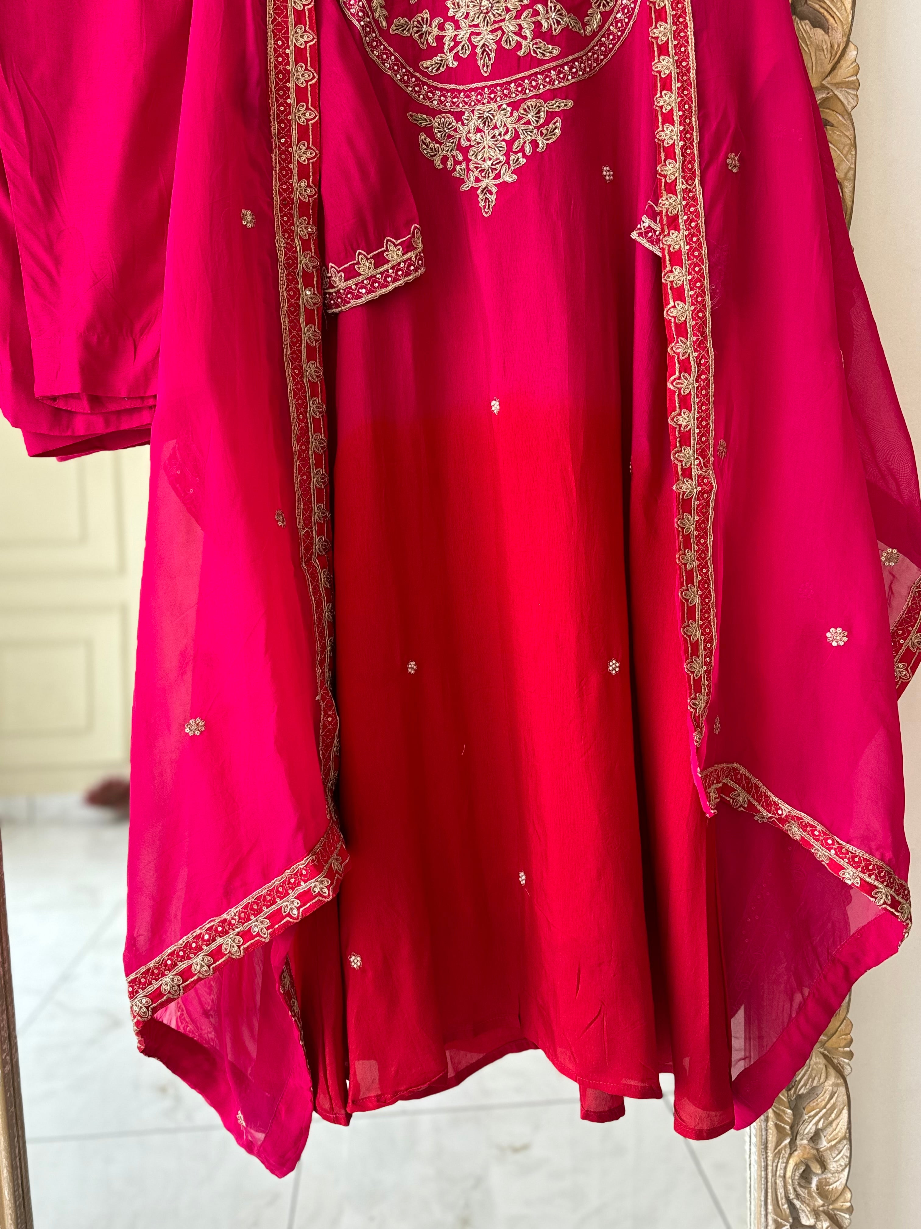 Premium ombre shaded silk handworked suit with organza dupatta-4564
