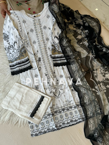Cotton embroidered with chiffon Dupatta -3432 white