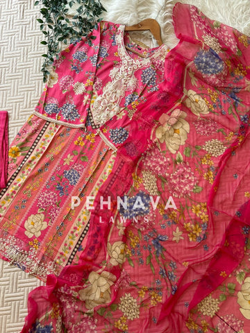 Floral Printed Lawn Suit With Chiffon Dupatta