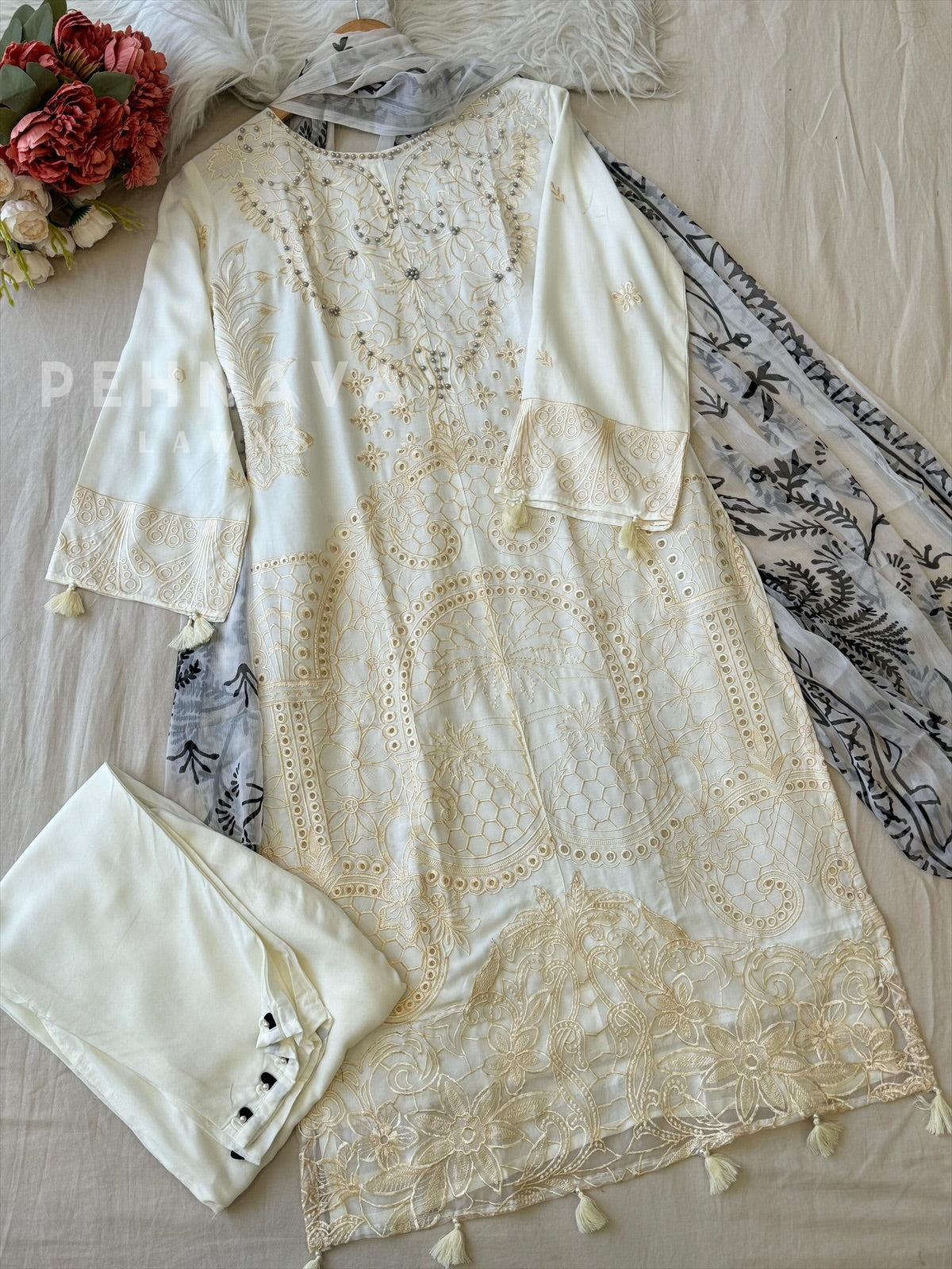 White Ready to Wear Embroidered Rayon Suit 1455 - Pehnava Lawns