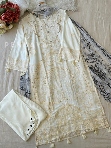 White Ready to Wear Embroidered Rayon Suit 1455 - Pehnava Lawns