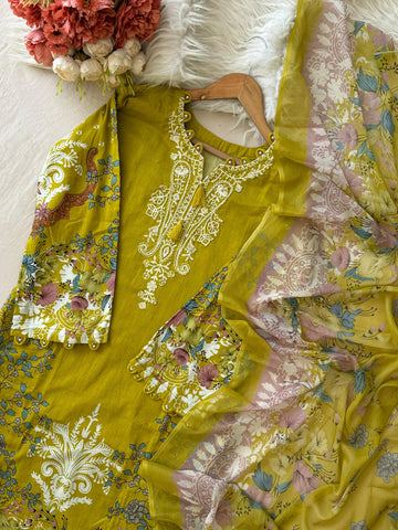 Yellow Floral Printed Pak-Suit 3755