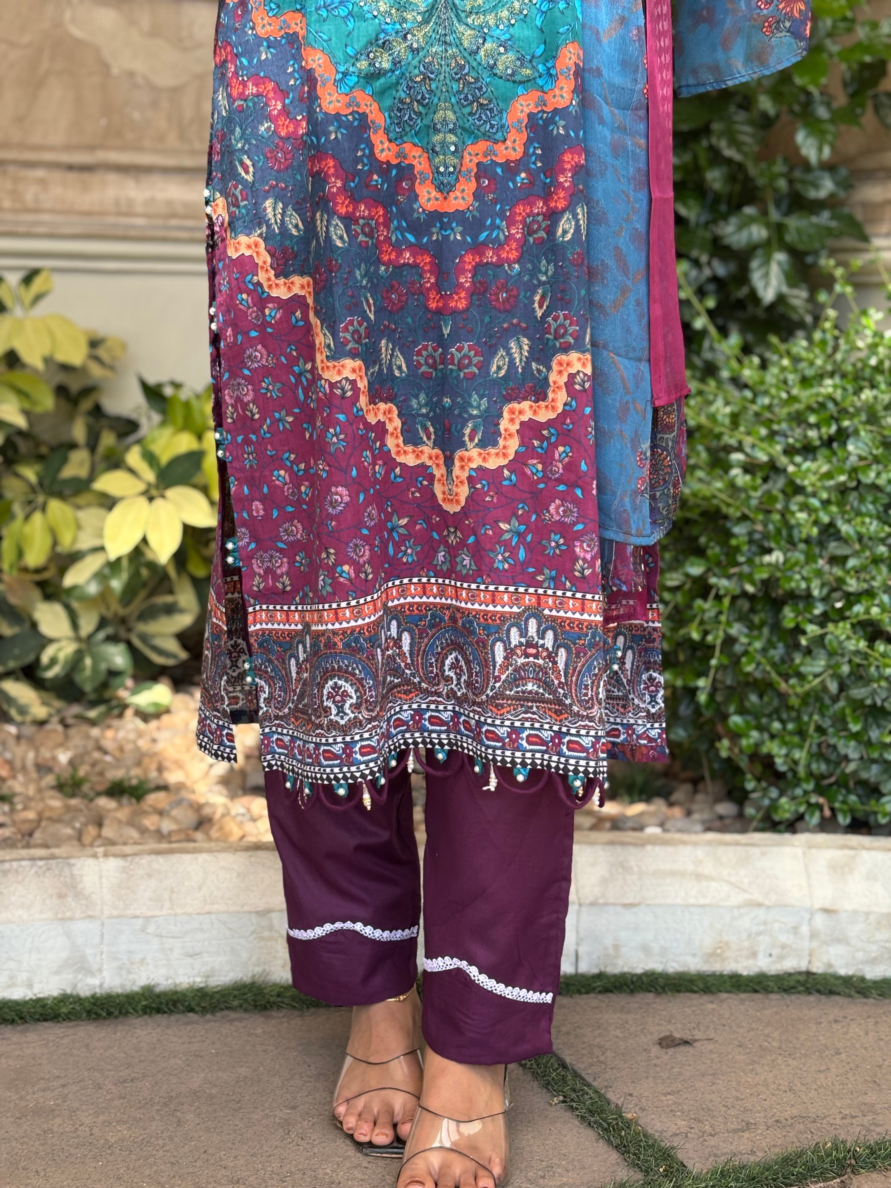 Floral Printed Ethnic Pak-Suit Ft. Chiffon/Cotton Dupatta-001