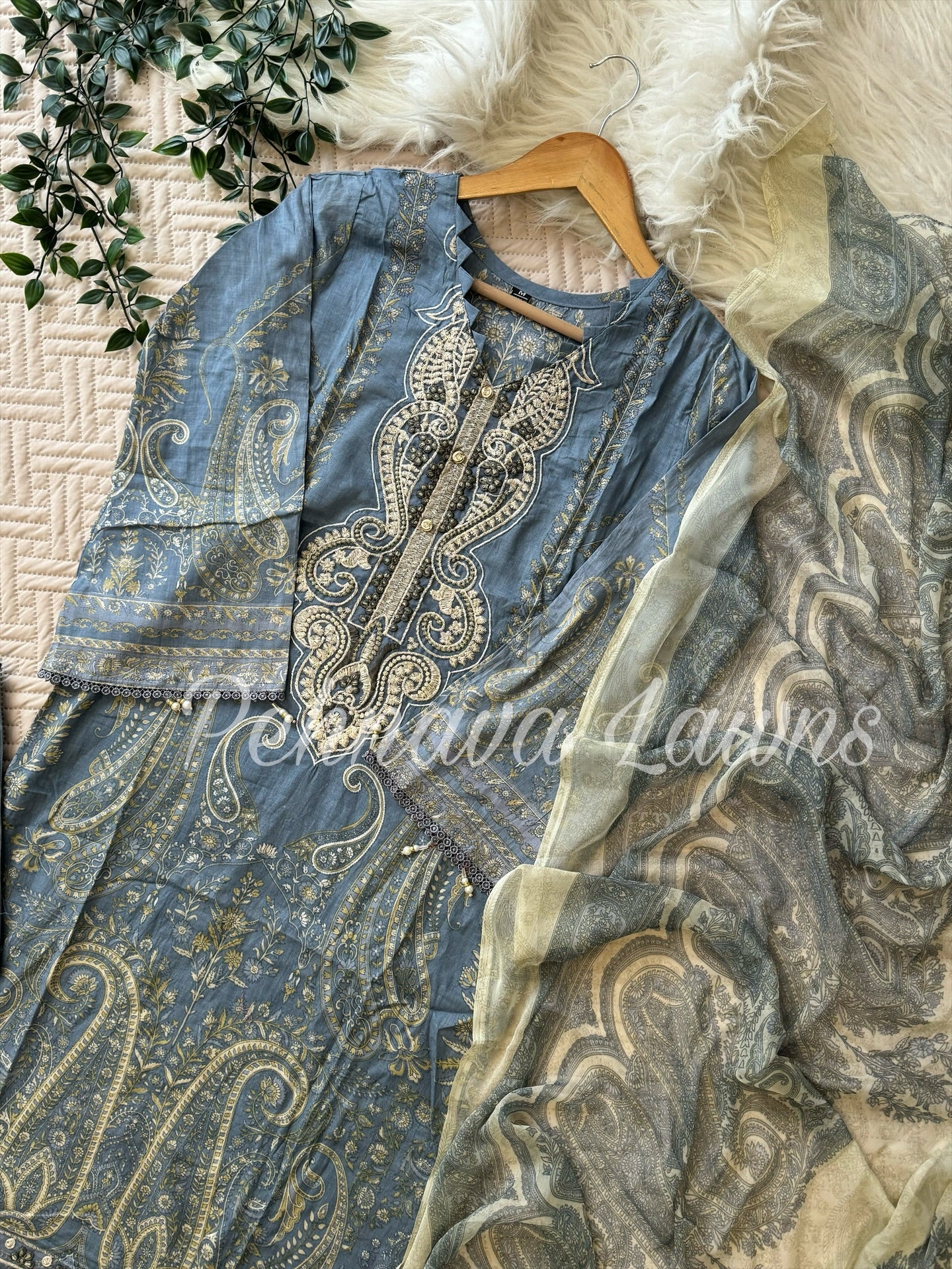 Beautiful blue Printed casual suit with chiffon/cotton dupatta -3311