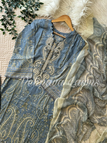 Beautiful blue Printed casual suit with chiffon/cotton dupatta -3311