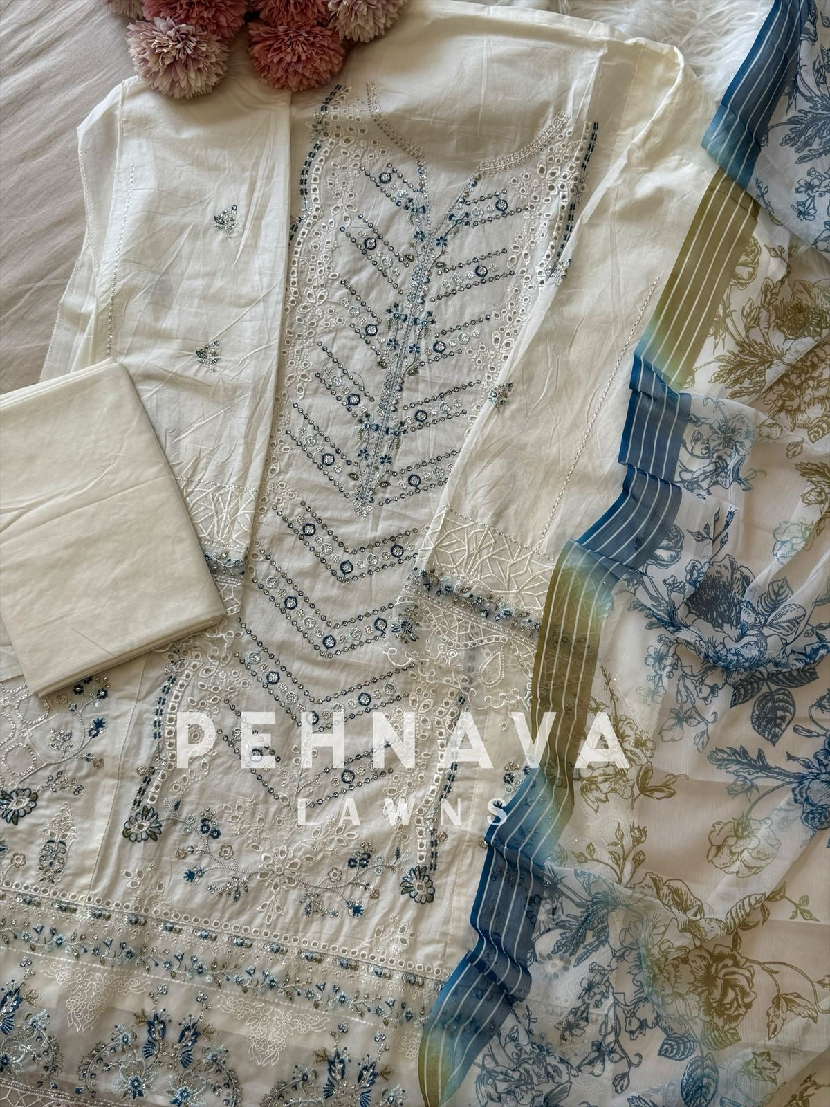 Cotton Embroidered Suit Featuring Chiffon/Cotton Shawl-1004