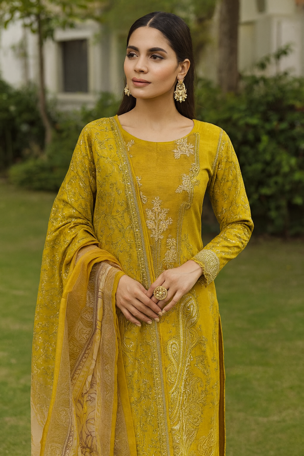 Printed Casual Suit with organza patches-yellow 495 - Pehnava Lawns
