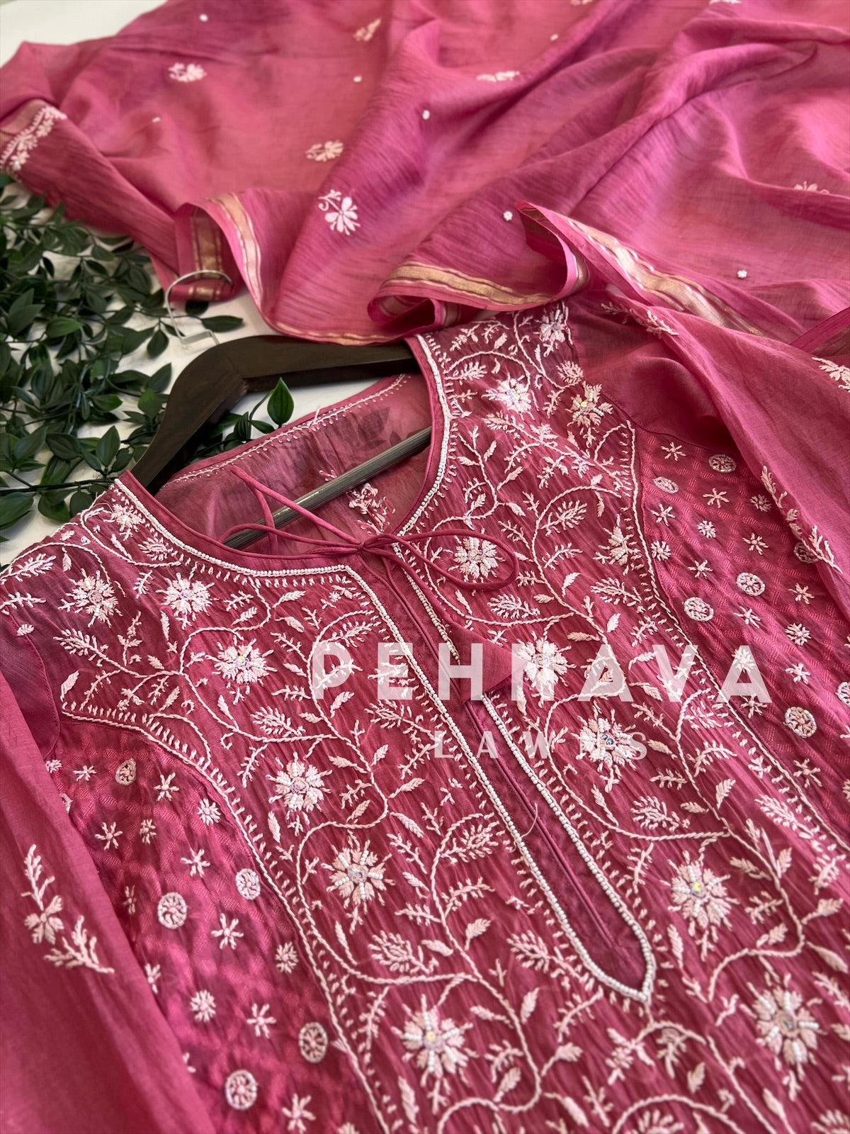 Chanderi chikankari suit - Pehnava Lawns