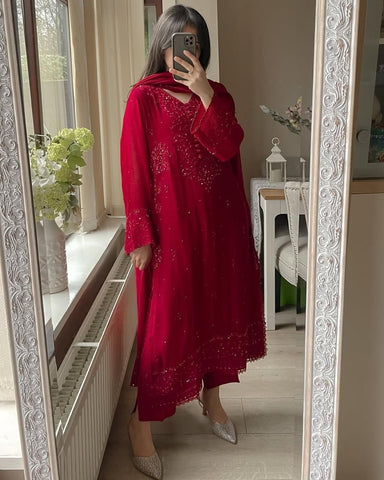 Georgette Red Party wear Dress