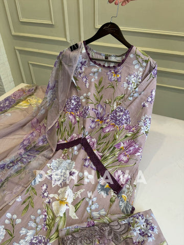 Floral Print Lawn Suit with Printed Dupatta-Chiffon/Cotton