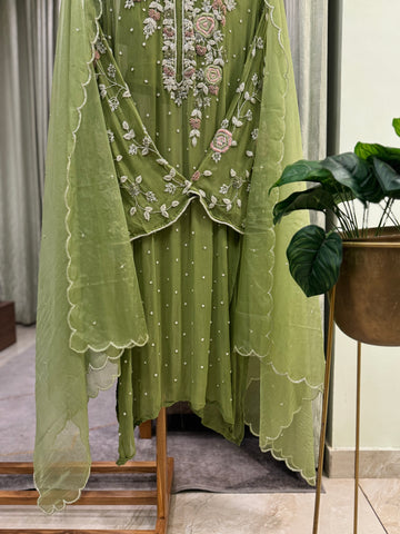 Premium Chiffon handwork suit with bottom and organza  hand  worked dupatta-1180