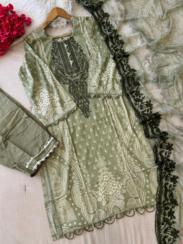 Green Block Printed Pakistani Suit