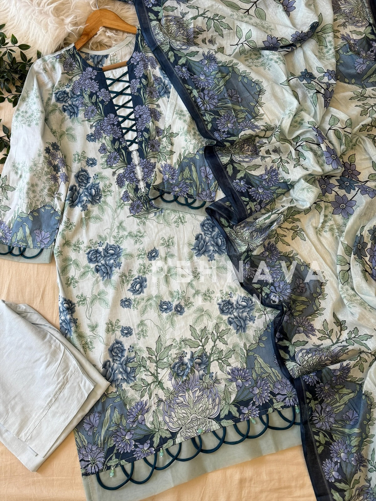 Floral neckline suit with dupatta