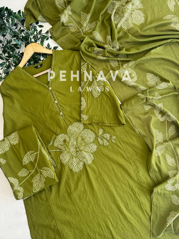 Premium Cotton Kurta Set with Dupatta-Orange&Green