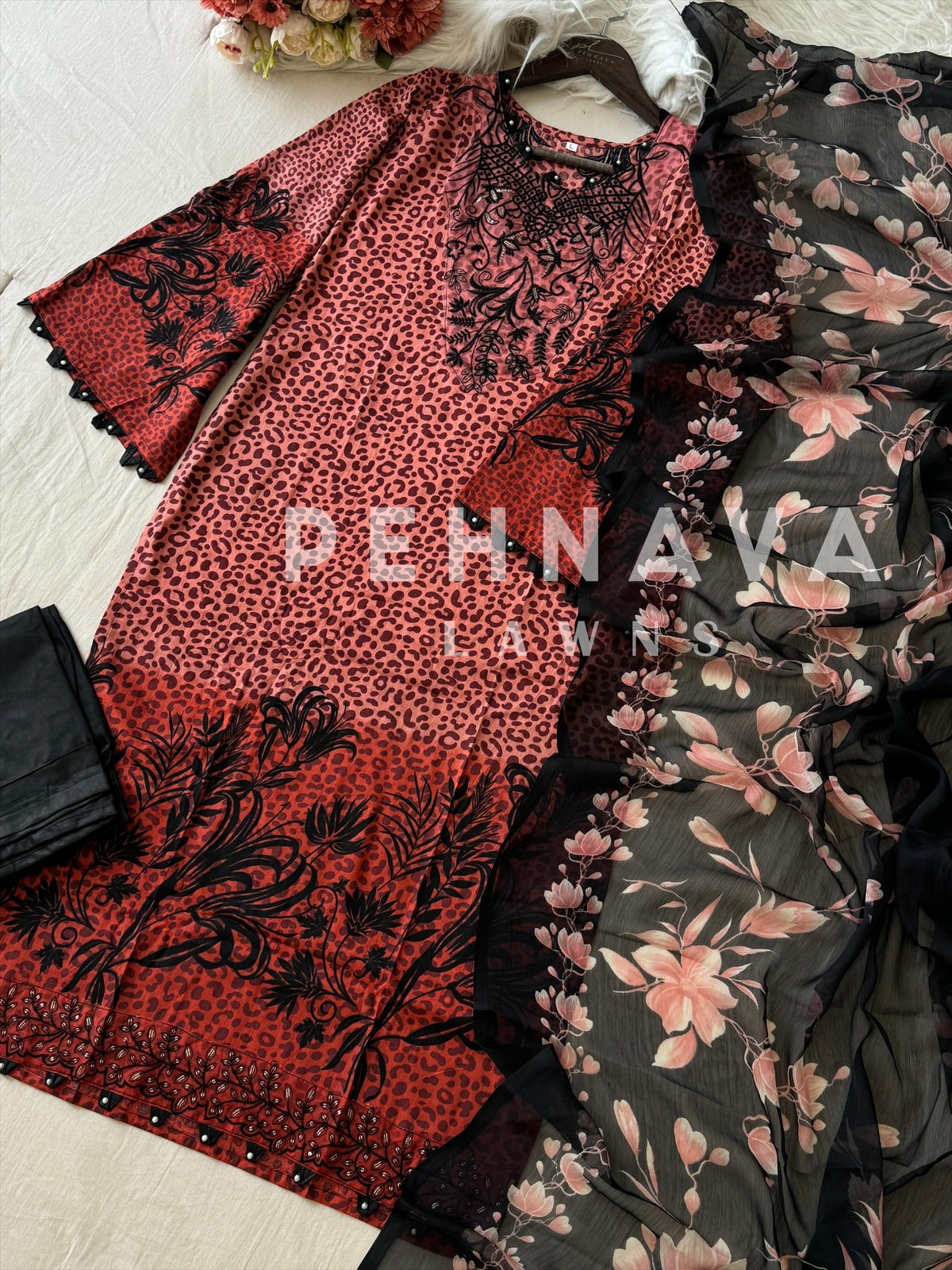 Three-Piece Ethnic Embroidery with Floral Dupatta-1355