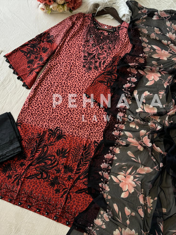 Three-Piece Ethnic Embroidery with Floral Dupatta-1355
