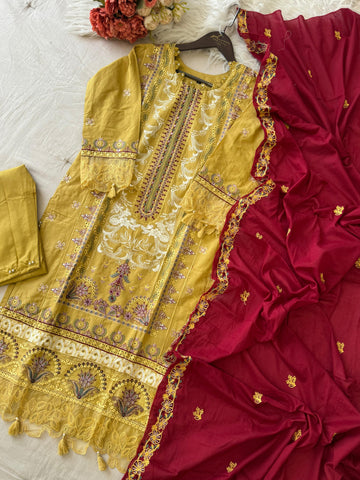 Premium Embroidered Pak-Suit Ft. Cotton Dupatta-Yellow 3983 - Pehnava Lawns