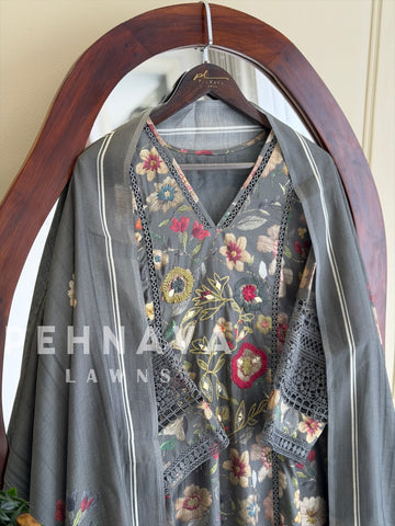 Floral Print Cotton Suit with Lace