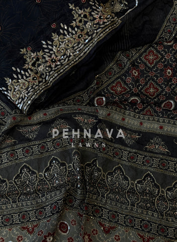 Ajrak Printed Handworked Unstitched Suit
