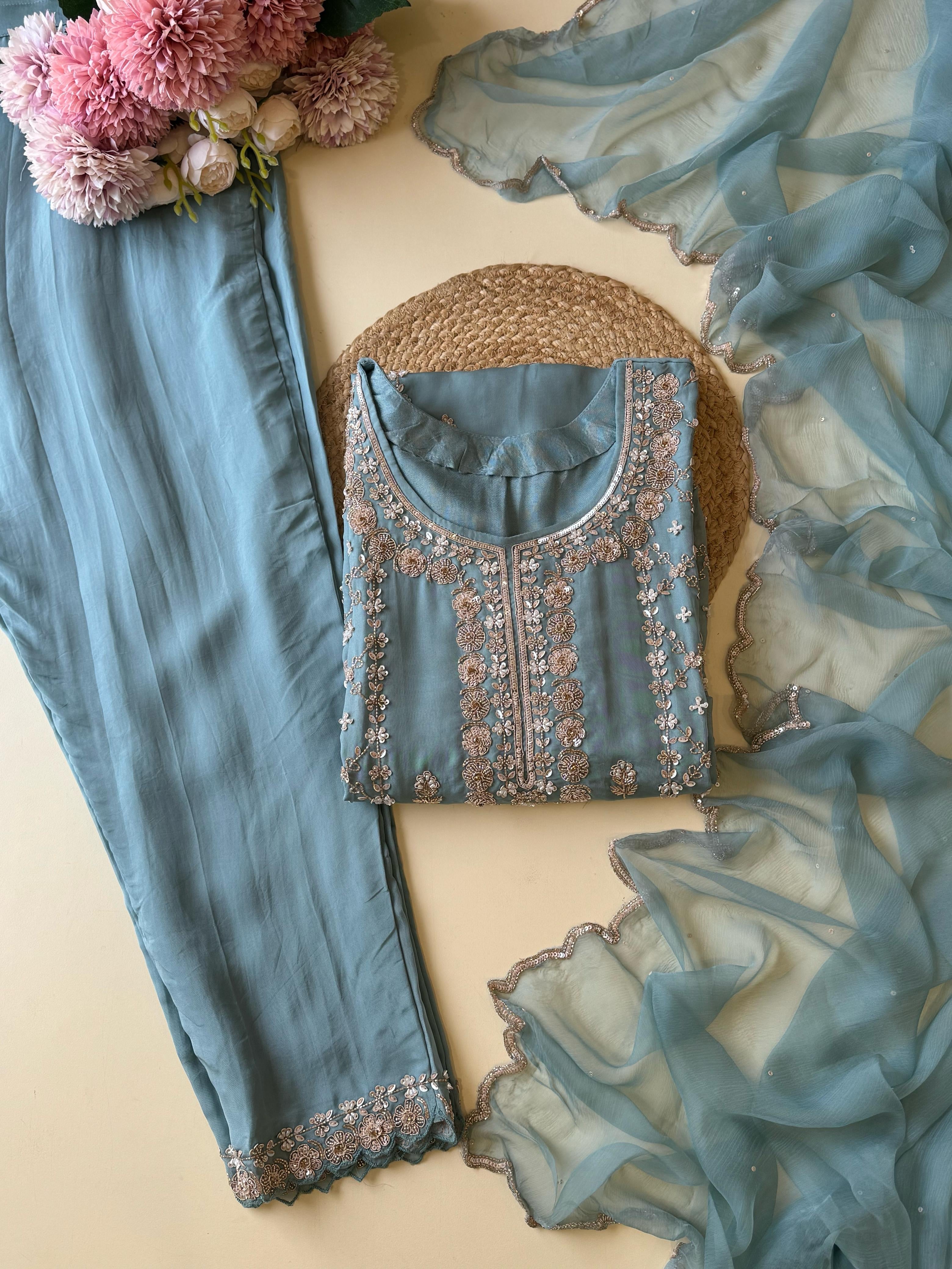 Pure Heavy Handworked Organza Suit-9654