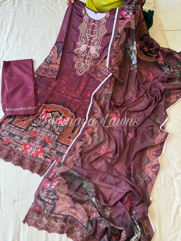 Printed casual suit in soft satin-maroon
