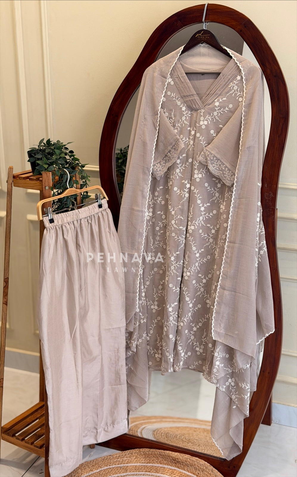 Pleated Yoke Floral Embroidered Suit