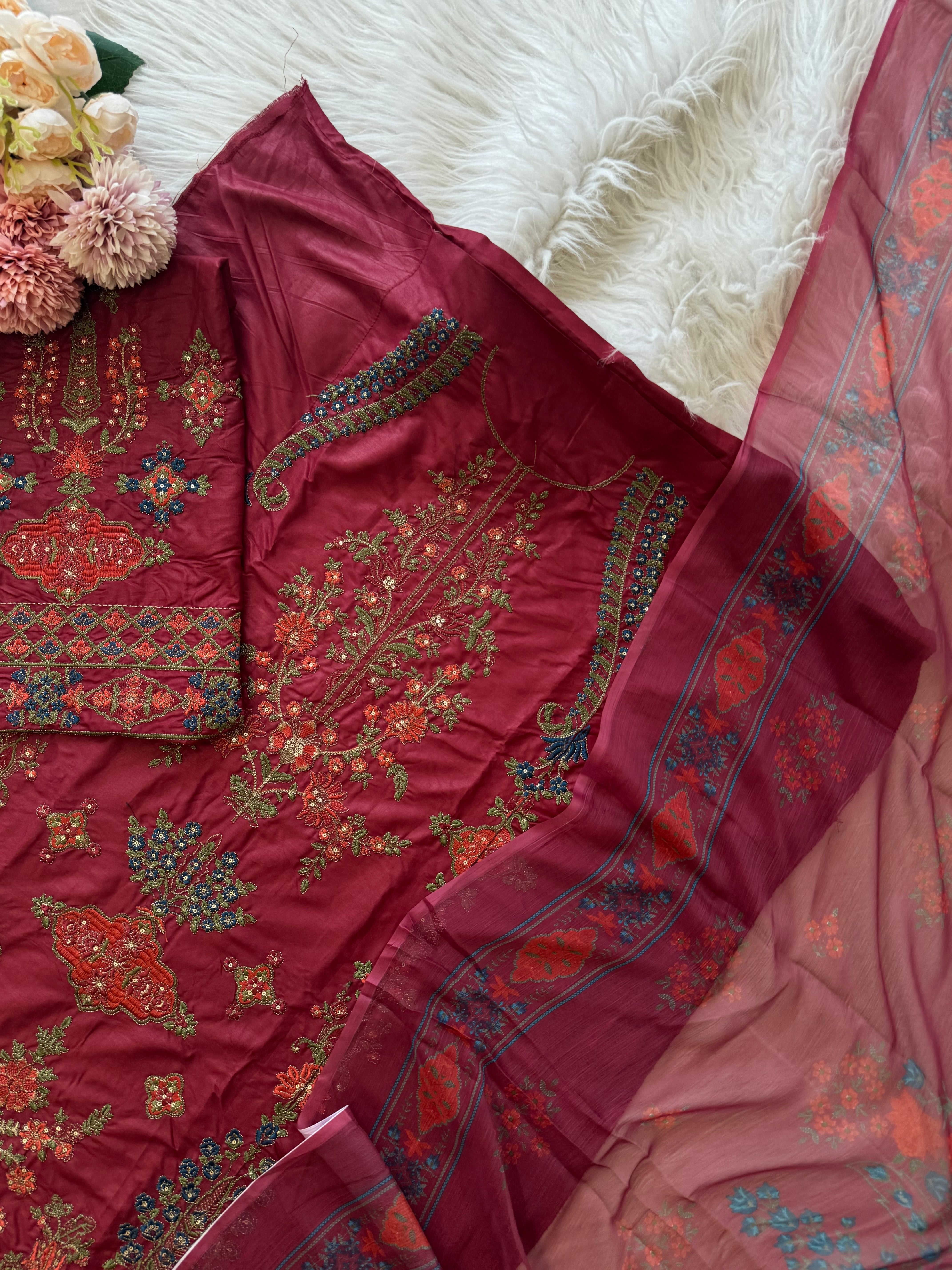 Embroidered cotton suit with chiffon dupatta - 0155/1151