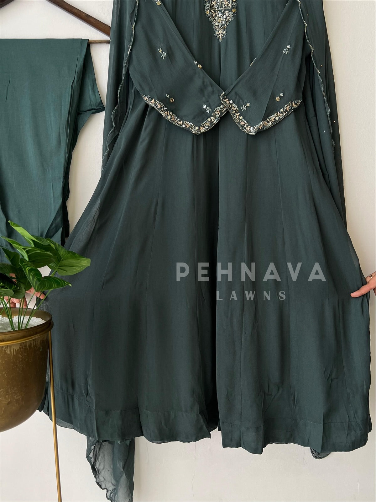 Full-flaired front slitted Gown with hand and Neck detailings - Pehnava Lawns