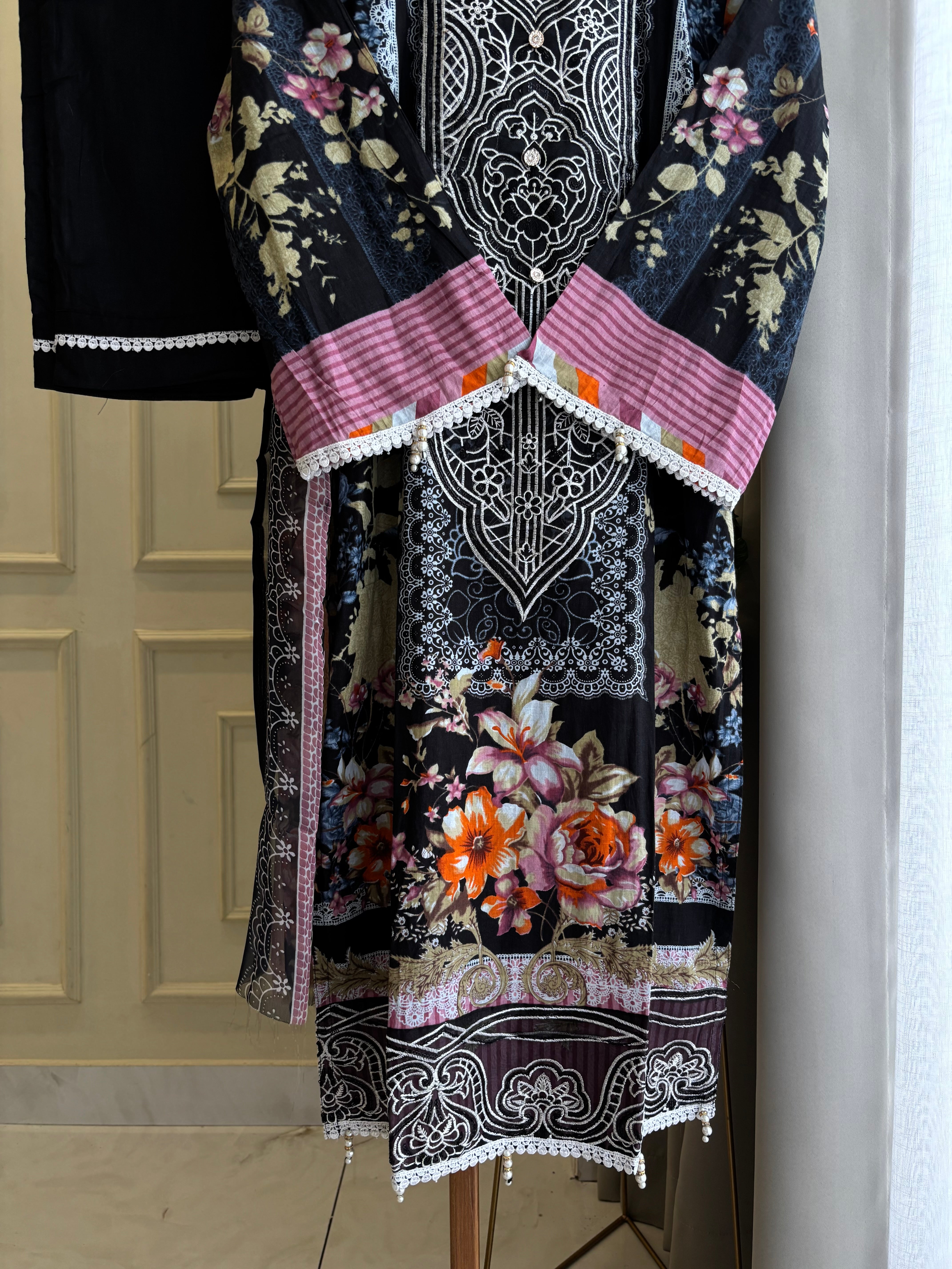 Black Embellished Floral Suit