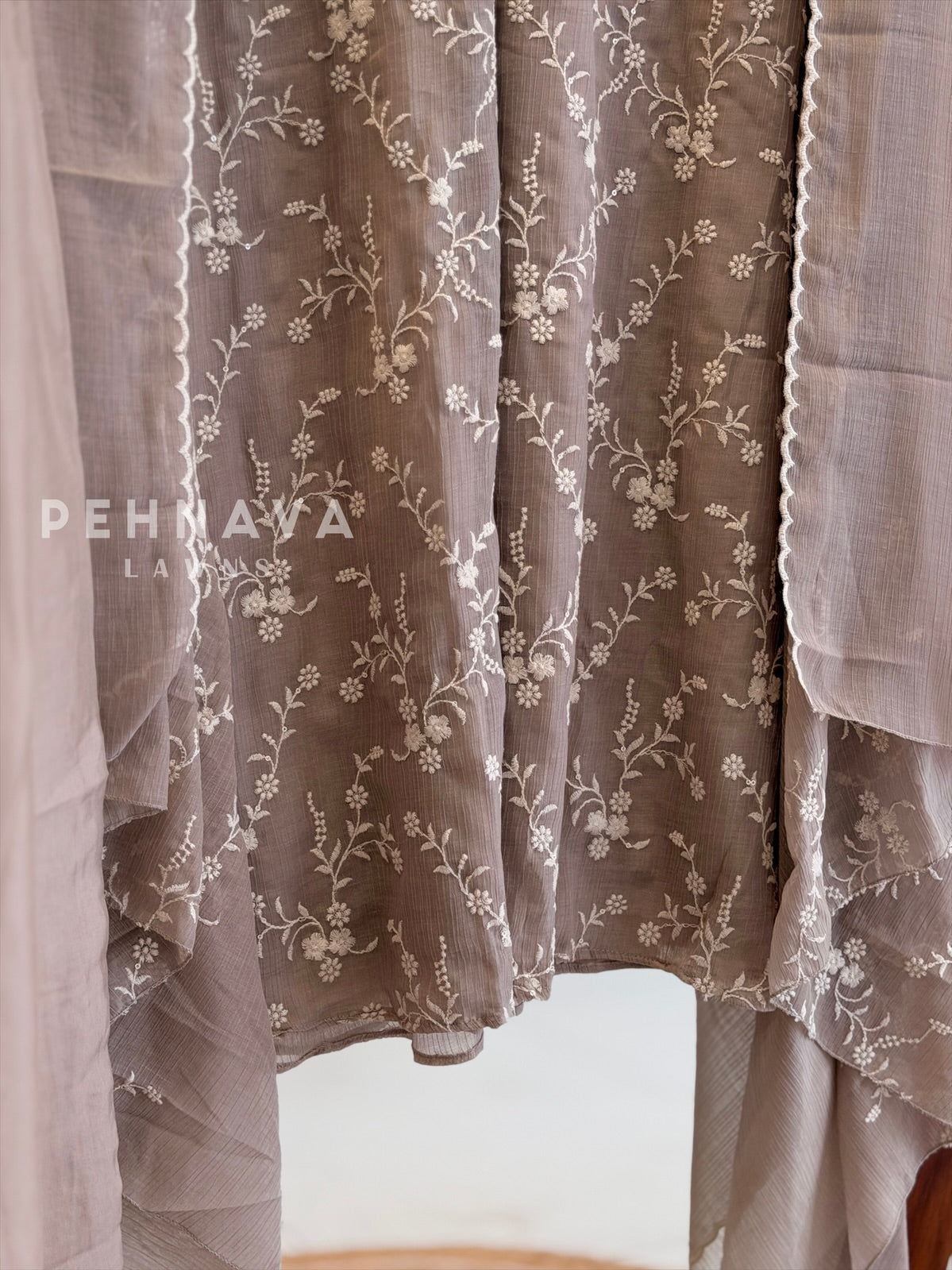 Pleated Yoke Floral Embroidered Suit