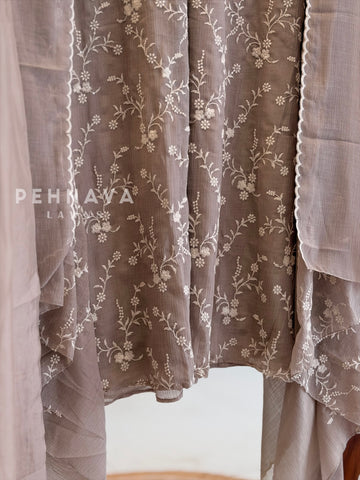 Pleated Yoke Floral Embroidered Suit