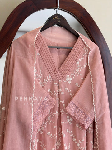 Pleated Yoke Floral Embroidered Suit