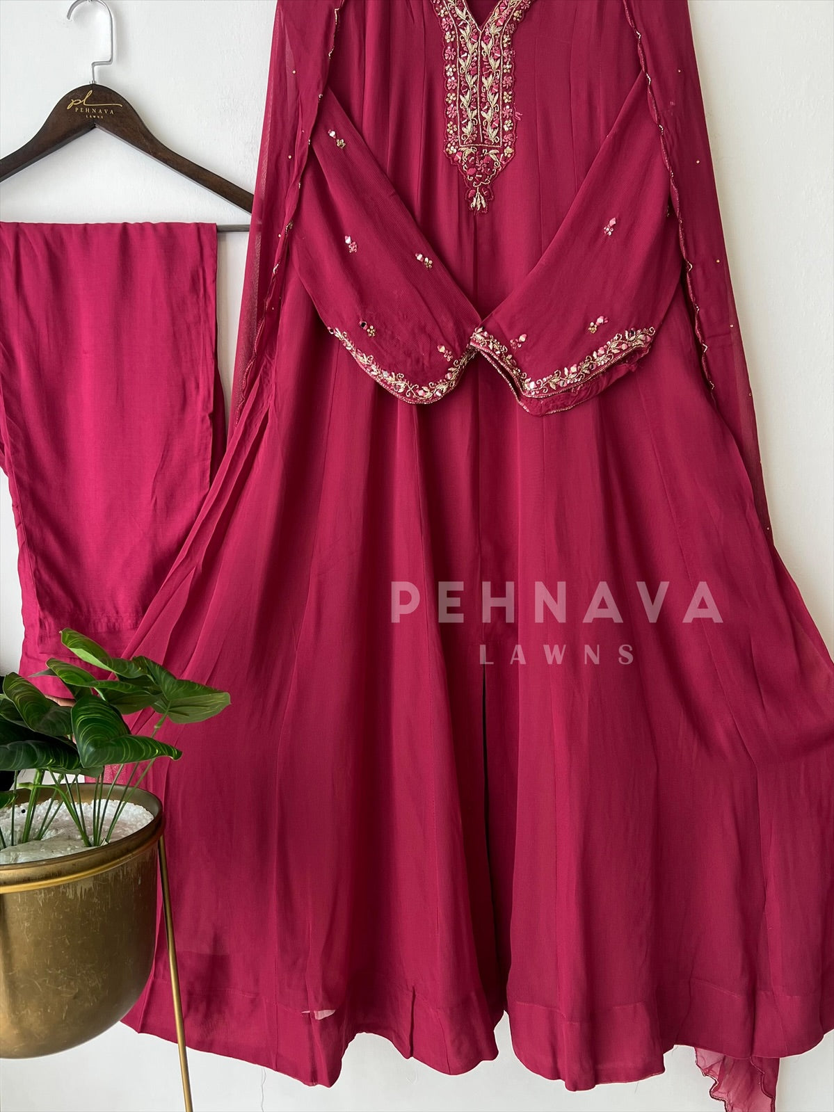 Full-flaired front slitted Gown with hand and Neck detailings - Pehnava Lawns