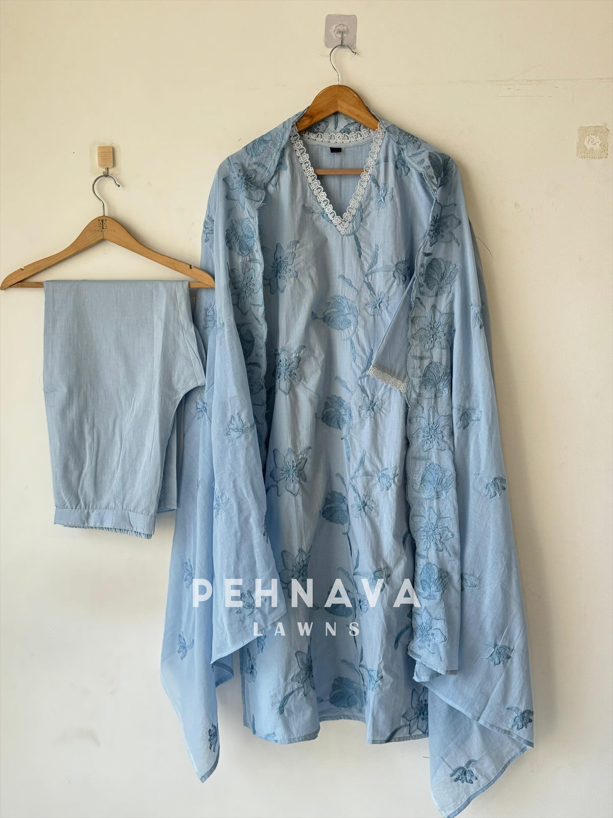 Powder Blue Embroidered Premium Cotton Suit Set