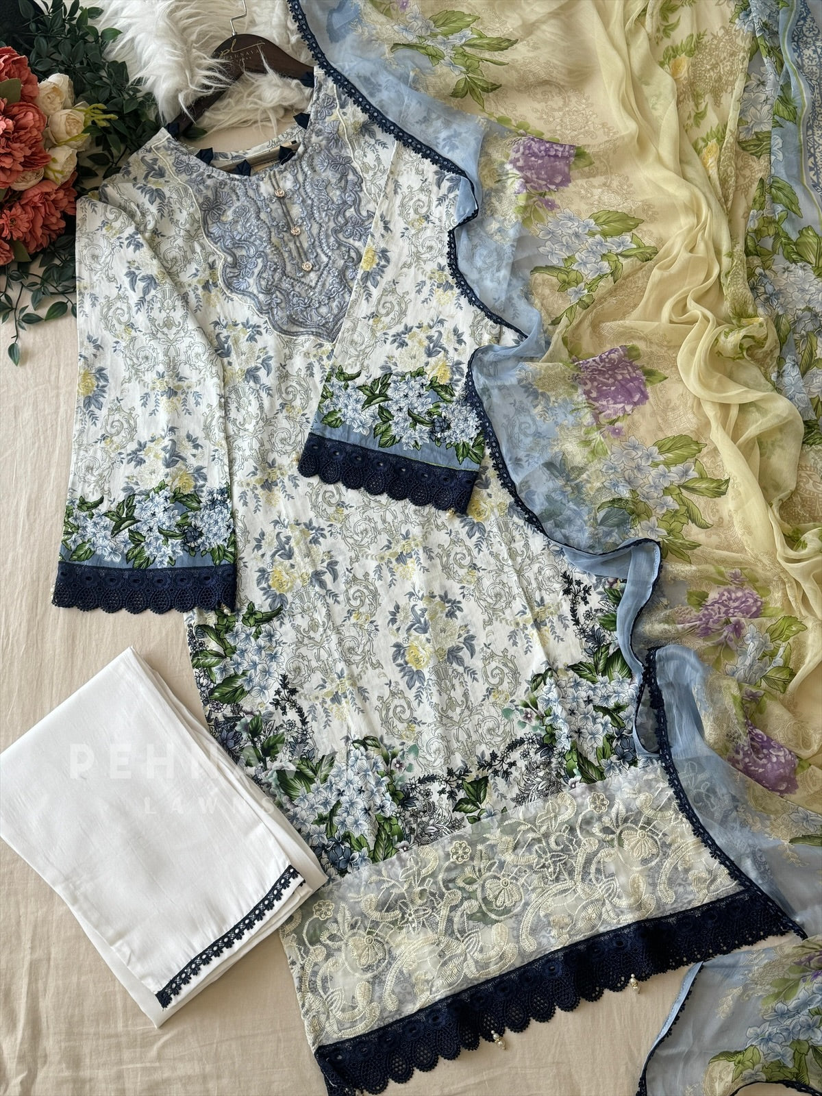 Timeless White & Blue Stitched Ensemble