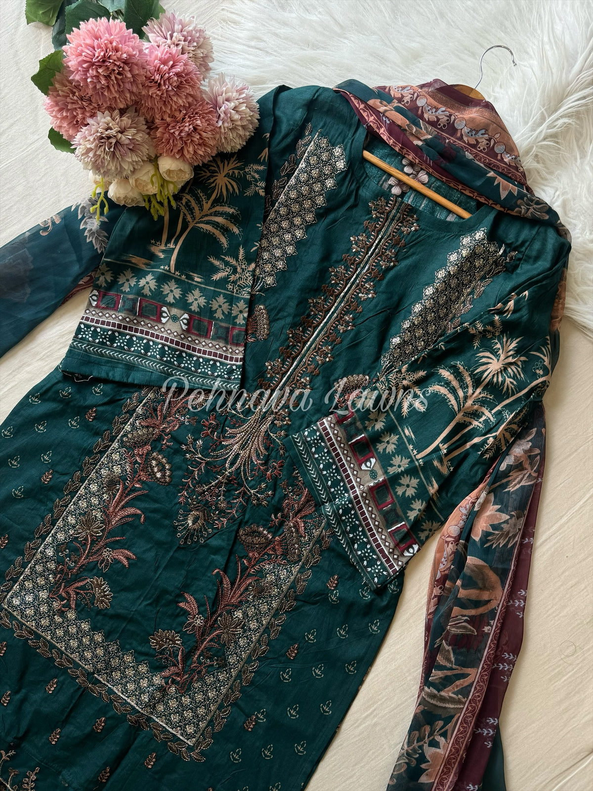 Embroidered cotton suit with chiffon dupatta -gorgeous green