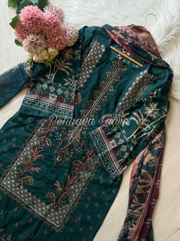 Embroidered cotton suit with chiffon dupatta -gorgeous green