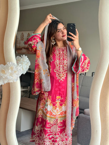Floral printed with embroidery detailed suit - Pehnava Lawns