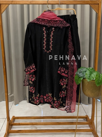 Floral Embroidered Three Piece Suit-1590